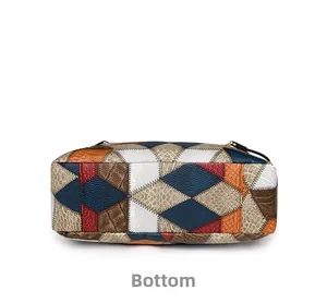 Detail showing the bottom view of patchwork tote bag with various leather textures