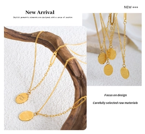 Detail of vintage gold plated steel necklace featuring Good Luck engraved oval pendant