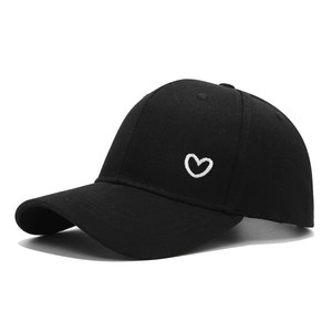 Black baseball cap with side heart embroidery, classic curved brim for outdoor wear