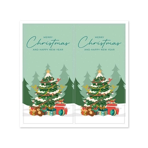 Green Merry Christmas rectangular gift stickers with holiday tree and gift box designs