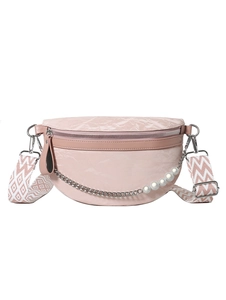 Elegant pink marble textured crescent bag with pearl chain and diamond pattern wide strap