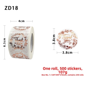 Detail showing 3.8cm Thank You stickers with rose gold floral border in a 500-unit roll