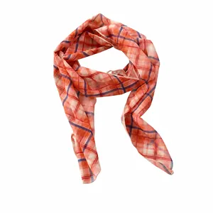 Pastoral plaid mesh scarf necklace with orange and blue pattern on white background.