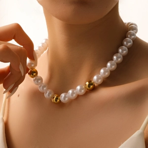 Elegant Faux Artificial Pearl Necklace And Hoop Earrings Stainless Steel Choker Fashion Jewelry For Women Versatile Accessories