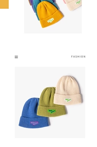 Detailed close-up of vibrant knitted beanies in yellow, blue, and green with stylish patches