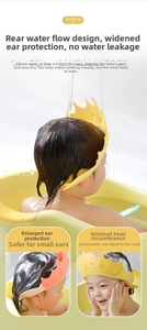 Detail of adjustable baby shower cap featuring ear protection and water drainage channels