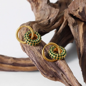 Vintage 18K gold-plated titanium steel hoop earrings with green zircon pave pendants