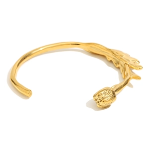 18K gold plated stainless steel open bangle with unique tulip flower bud design