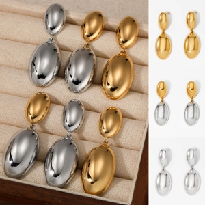 Stainless Steel Double Oval Drop Earrings Mirror Polished Hypoallergenic Waterproof French Retro INS Style For Women