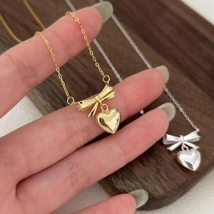 925 Sterling Silver Bow Knot Heart Pendant Necklace Minimalist Korean Style Sweet Delicate Jewelry For Women