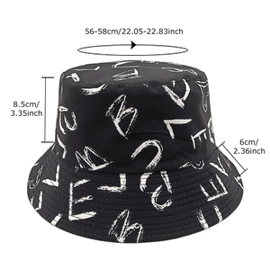 Black bucket hat with white graffiti print and product dimensions on white background
