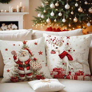 Weihnachtliche Kissenbezüge aus Leinen mit Weihnachtsmann- und Rentier-Motiv