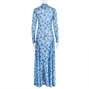 Back view of a slim-fit blue marble print maxi dress with high neck and mesh fabric detail