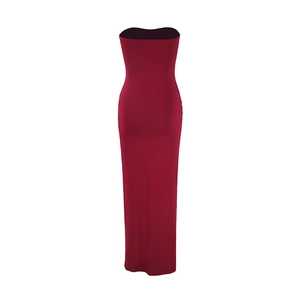 Back view of elegant red strapless tube dress showing slim fit and ruched texture