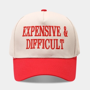 Macro detail of red letter embroidery on an off-white cotton baseball cap with reinforced brim