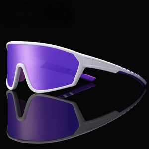 White sports sunglasses with large purple mirrored lenses and streamlined frame design