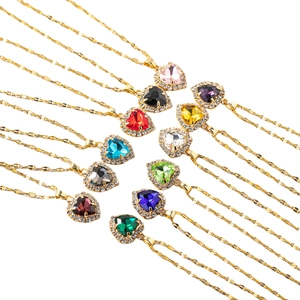 Twelve colorful heart crystal necklaces with zircon halo on delicate gold chains