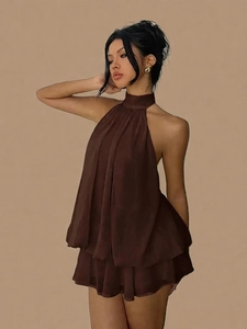 Deep brown halter neck chiffon mini dress with tiered ruffle hem and open back design