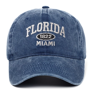 Navy blue washed cotton baseball cap with white Florida Miami 3D embroidery on white background