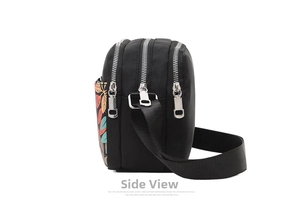 Close-up of lightweight oxford fabric crossbody bag with three zipper compartments