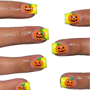 Classic French medium square press-on nails with 3D Halloween orange pumpkin charms