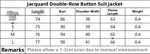 Detailed size chart for double-breasted jacquard blazer including length and bust measurements
