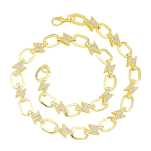 Gold lightning bolt necklace with sparkling cubic zirconia links on white background