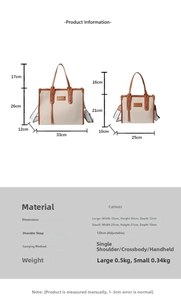 Size chart showing dimensions for large and small canvas tote bags with adjustable straps