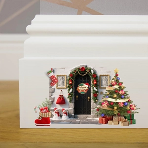 Macro view of Christmas wall stickers featuring a festive door, tree, and holiday socks