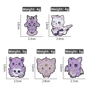 Size chart and weight details for five different purple cat and gothic enamel pins