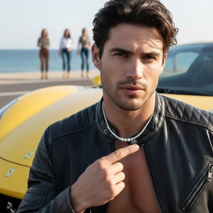 Men's silver-tone Moissanite tennis necklace worn by model in a luxury lifestyle setting