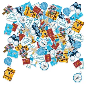 Travel themed adventure confetti set with passport and suitcase shapes for party decor