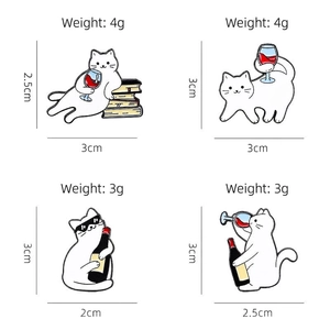 Set of four cute cartoon cat enamel pins featuring unique wine-drinking kitty designs