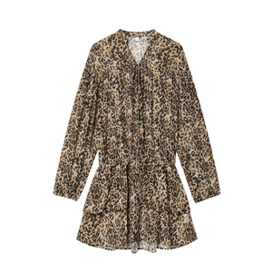 Robe Courte Léopard Manches Longues Col En V Avec Volants Chiffon Polyester Mode Soirée Vêtement Femmes