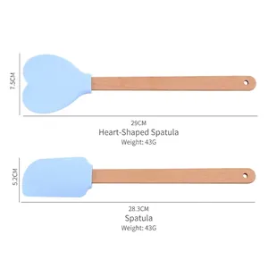 Blue heart-shaped silicone spatula set with beech wood handles for home cooking