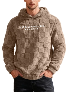 Detail of brown fleece hoodie featuring Los Angeles embroidery and checkered texture