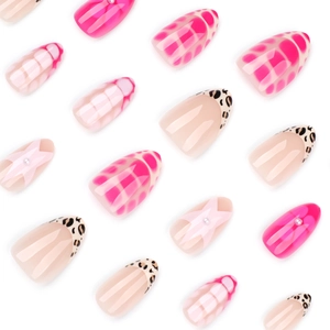 Short almond press-on nails with hot pink floral patterns and star pearl accents