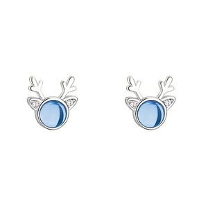 Orecchini a perno a forma di renna in argento con cristallo blu e strass per Natale