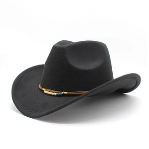 Western Cowboy Hat Wool Felt Wide Brim Beaded Band Ethnic Style Retro Outdoor Travel Fedora Sun Protection For Women Men