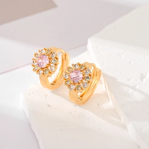 Exquisite gold flower earrings with pink zircon center and white pavé stones