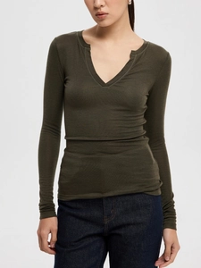 Detail view of the fine ribbed texture and V-neckline on this olive green slim fit knit top