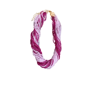 Multi-strand purple and pink seed bead necklace with gold lobster clasp and extension