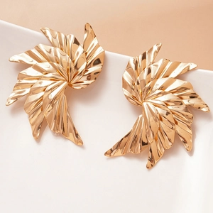 Golden spiral leaf earrings with pleated metal texture for a high-end fashion look