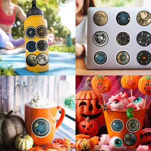 Waterproof astronomy stickers showing moon phases and star maps on a water bottle and laptop