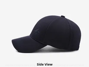 Detailed side view of navy baseball cap with mountain embroidery and sports lettering