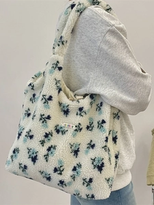 Floral fleece tote bag with blue patterns and soft fuzzy material for women