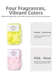 Detailed view of portable jasmine and rose petal soap paper in compact travel boxes
