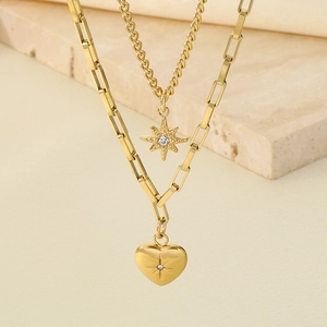 Double-layer gold stainless steel necklace with star and heart pendants and small diamonds