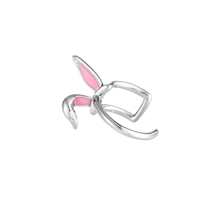 Silver bunny ear ear cuff with pink enamel detail for non-pierced ears for women