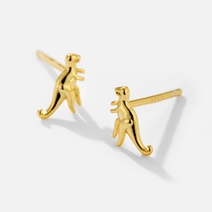 Golden S925 sterling silver dinosaur stud earrings for women on a white background